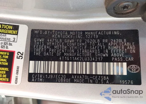 2020 Toyota Camry Se Nightshade Edition z USA, uszkodzony, nr VIN 4T1G11AK2LU334217